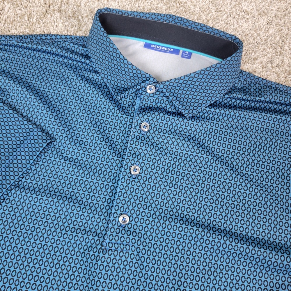 Devereux Mens XL Blue AOP Geometric Performance‎ Stretch Golf Polo Short Sleeve